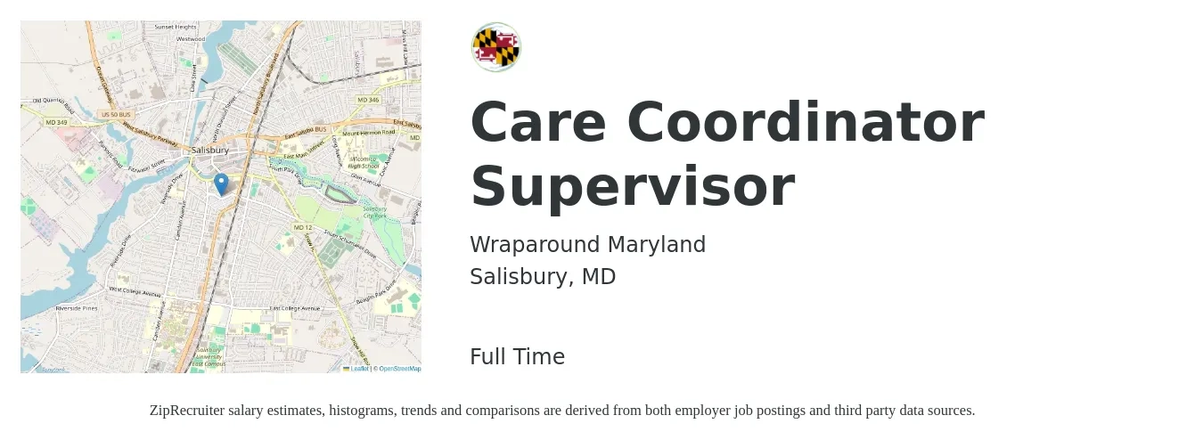 Wraparound Maryland job posting for a Care Coordinator Supervisor in Salisbury, MD with a salary of $52,000 to $65,000 Yearly with a map of Salisbury location.