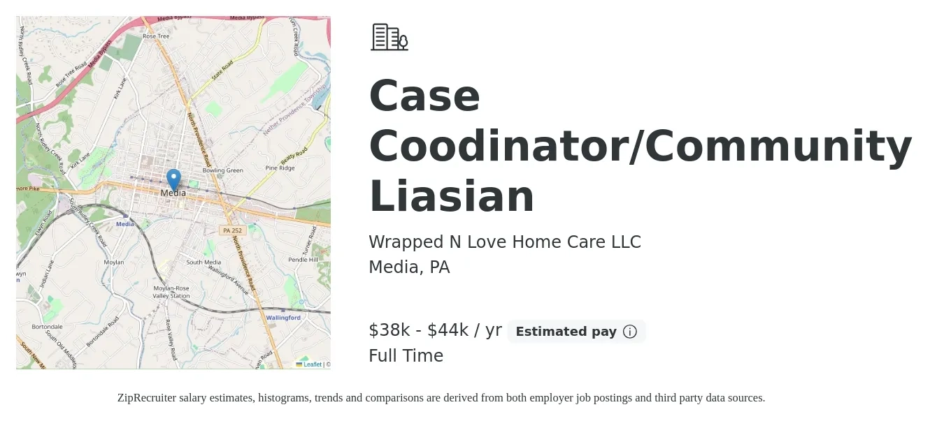 Wrapped N Love Home Care LLC job posting for a Case Coodinator/Community Liasian in Media, PA with a salary of $38,400 to $44,160 Yearly with a map of Media location.