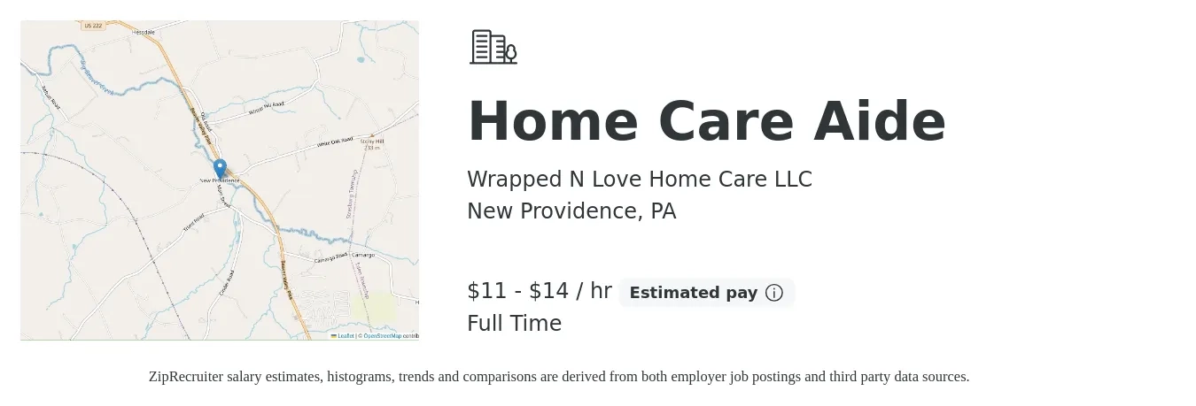 Wrapped N Love Home Care LLC job posting for a Home Care Aide in New Providence, PA with a salary of $12 to $15 Hourly with a map of New Providence location.