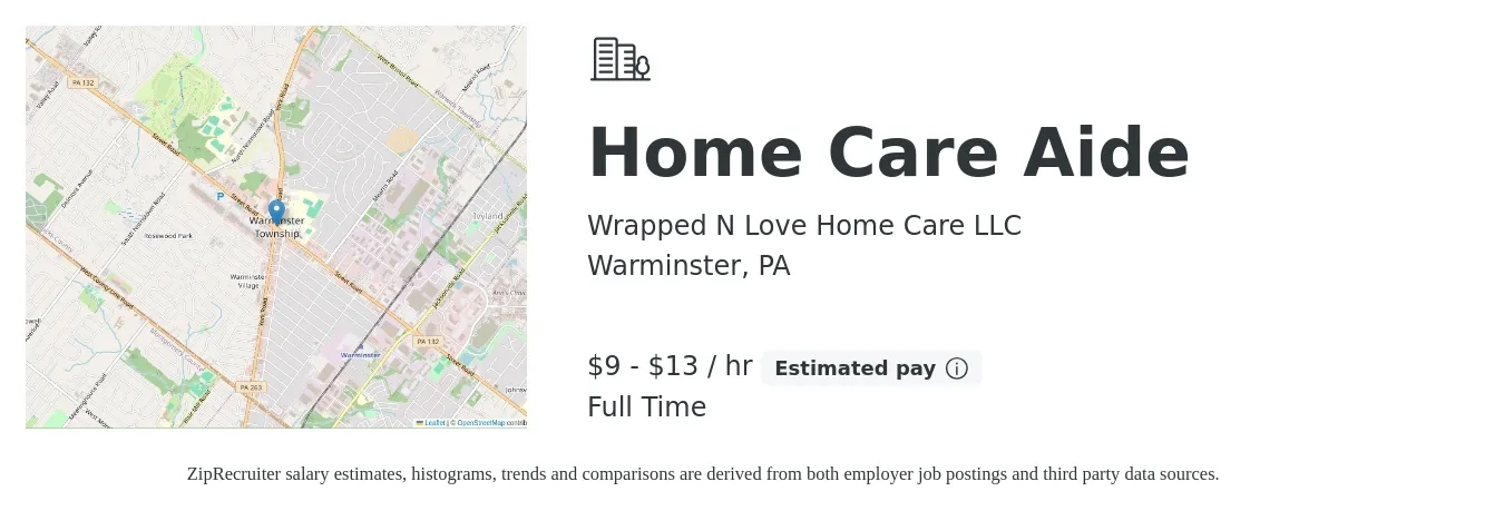 Wrapped N Love Home Care LLC job posting for a Home Care Aide in Warminster, PA with a salary of $10 to $14 Hourly with a map of Warminster location.