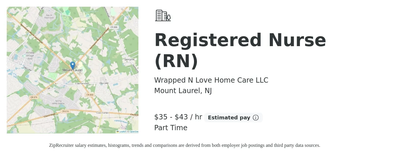 Wrapped N Love Home Care LLC job posting for a Registered Nurse (RN) in Mount Laurel, NJ with a salary of $37 to $45 Hourly with a map of Mount Laurel location.