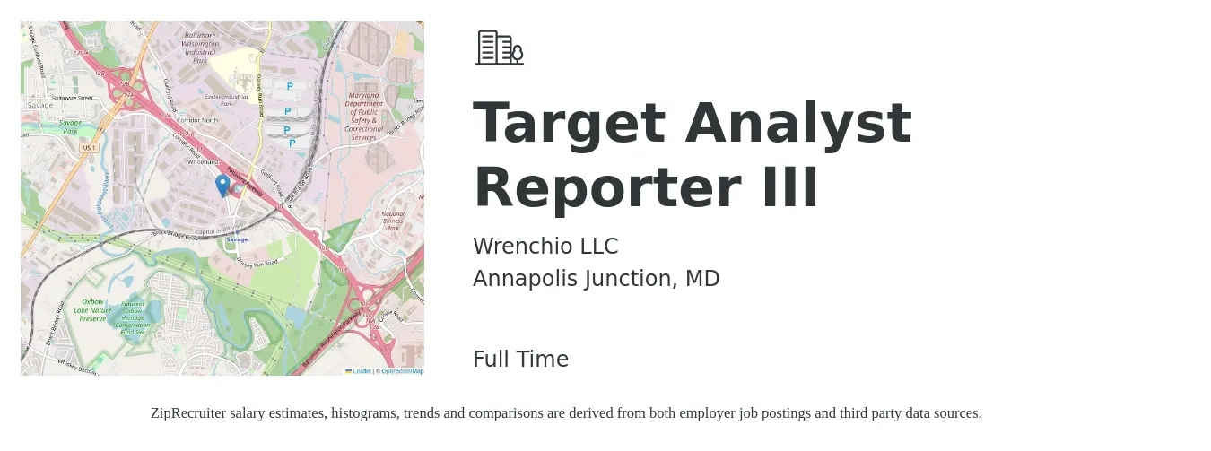 Wrenchio LLC job posting for a Target Analyst Reporter III in Annapolis Junction, MD with a map of Annapolis Junction location.