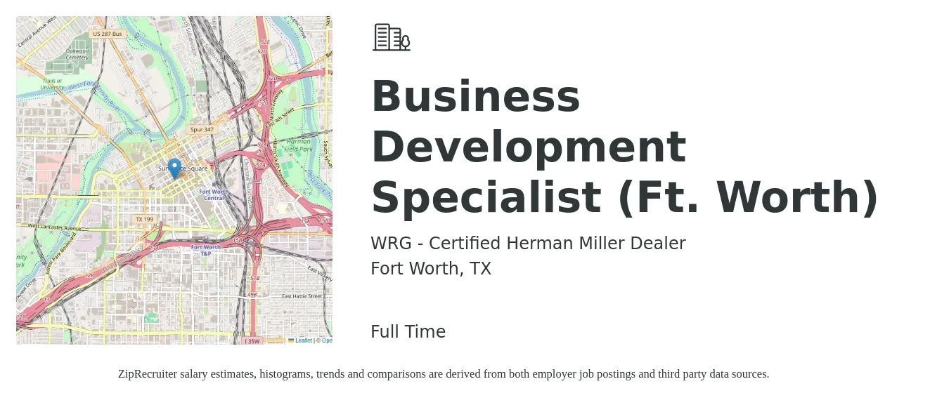 WRG - Certified Herman Miller Dealer job posting for a Business Development Specialist (Ft. Worth) in Fort Worth, TX with a salary of $41,800 to $71,300 Yearly with a map of Fort Worth location.
