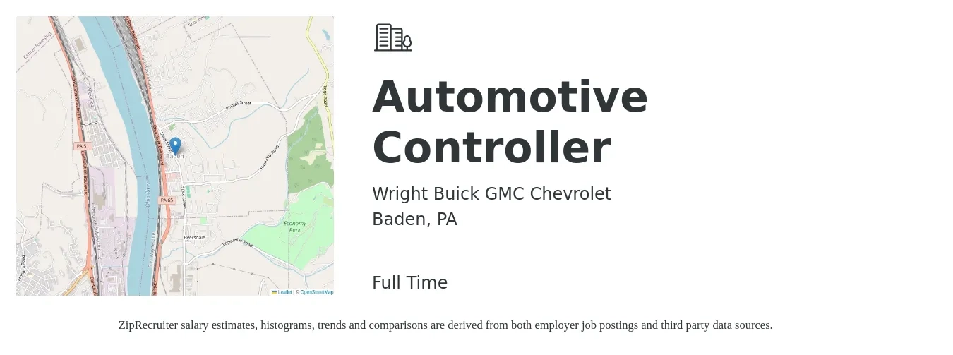 Wright Buick GMC Chevrolet job posting for a Automotive Controller in Baden, PA with a salary of $91,400 to $130,500 Yearly with a map of Baden location.