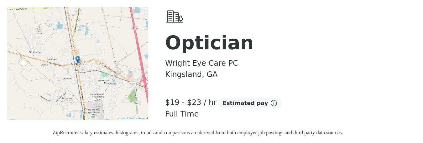 Wright Eye Care PC job posting for a Optician in Kingsland, GA with a salary of $17 to $23 Hourly and benefits including pto with a map of Kingsland location.