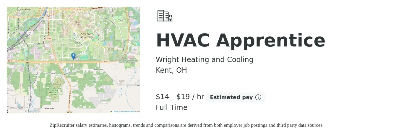 Wright Heating and Cooling job posting for a HVAC Apprentice in Kent, OH with a salary of $15 to $20 Hourly with a map of Kent location.