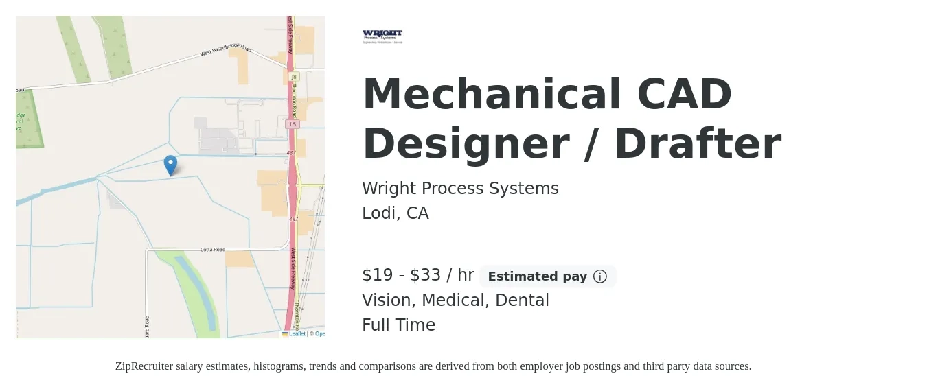 Wright Process Systems job posting for a Mechanical CAD Designer / Drafter in Lodi, CA with a salary of $20 to $35 Hourly and benefits including retirement, vision, dental, medical, and pto with a map of Lodi location.