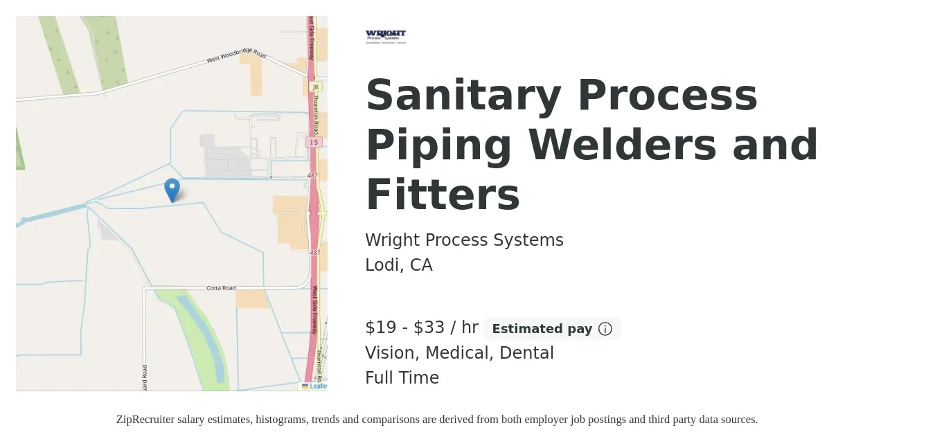 Wright Process Systems job posting for a Sanitary Process Piping Welders and Fitters in Lodi, CA with a salary of $20 to $35 Hourly and benefits including dental, medical, retirement, and vision with a map of Lodi location.