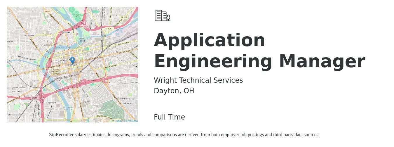 Wright Technical Services job posting for a Application Engineering Manager in Dayton, OH with a salary of $113,200 to $141,100 Yearly with a map of Dayton location.