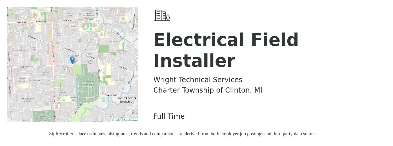 Wright Technical Services job posting for a Electrical Field Installer in Charter Township of Clinton, MI with a salary of $18 to $26 Hourly with a map of Charter Township of Clinton location.