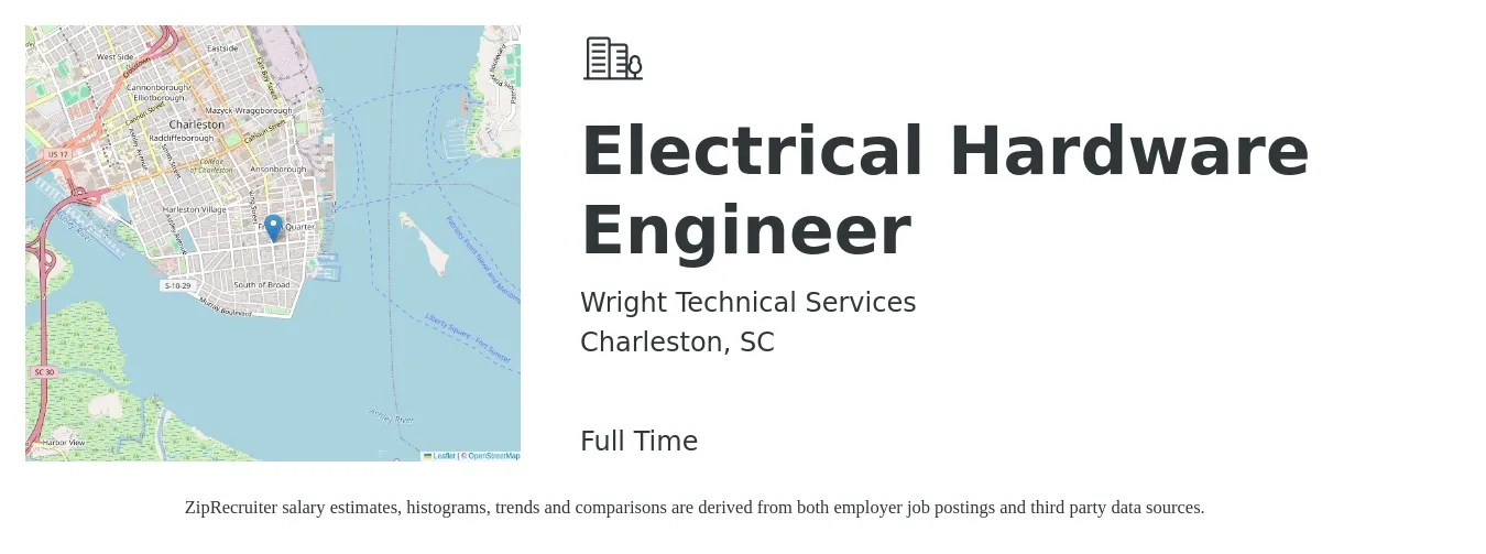 Wright Technical Services job posting for a Electrical Hardware Engineer in Charleston, SC with a salary of $90,200 to $134,400 Yearly with a map of Charleston location.