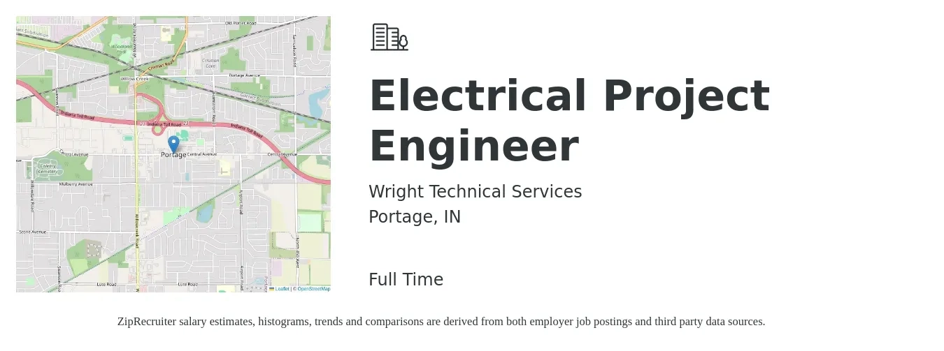 Wright Technical Services job posting for a Electrical Project Engineer in Portage, IN with a salary of $80,700 to $110,100 Yearly with a map of Portage location.