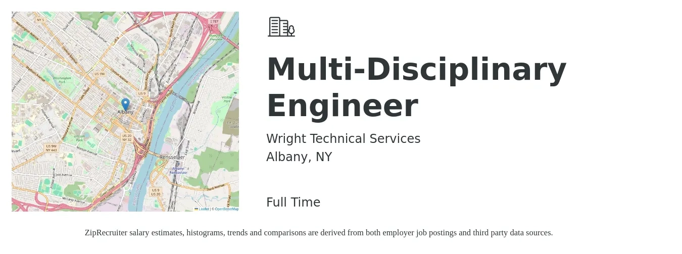 Wright Technical Services job posting for a Multi-Disciplinary Engineer in Albany, NY with a salary of $82,100 to $113,900 Yearly with a map of Albany location.