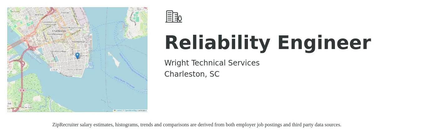 Wright Technical Services job posting for a Reliability Engineer in Charleston, SC with a salary of $97,300 to $122,500 Yearly with a map of Charleston location.