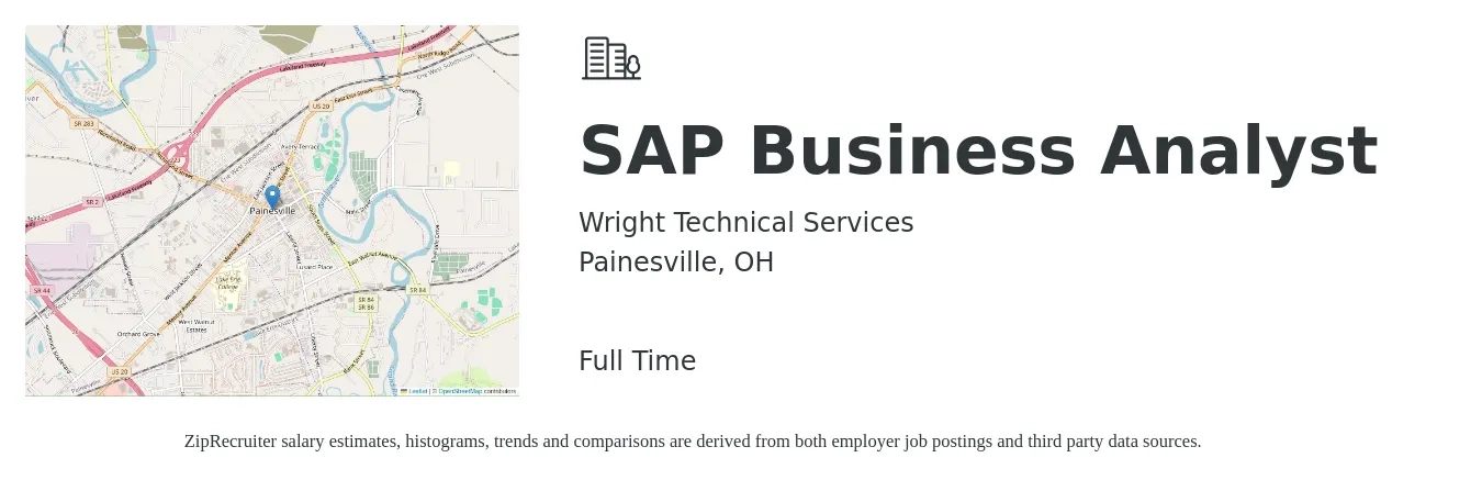 Wright Technical Services job posting for a SAP Business Analyst in Painesville, OH with a salary of $46 to $61 Hourly with a map of Painesville location.
