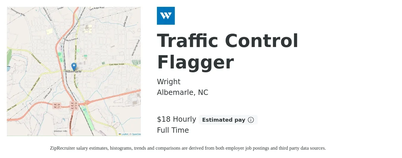 Wright job posting for a Traffic Control Flagger in Albemarle, NC with a salary of $40,000 Yearly with a map of Albemarle location.