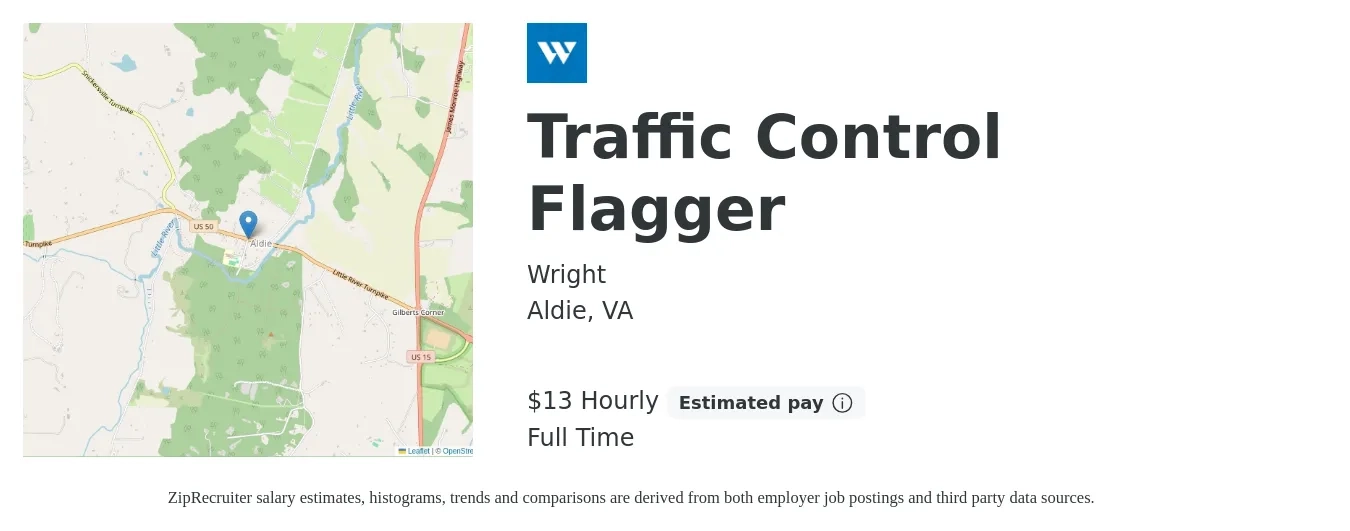 Wright job posting for a Traffic Control Flagger in Aldie, VA with a salary of $14 Hourly with a map of Aldie location.