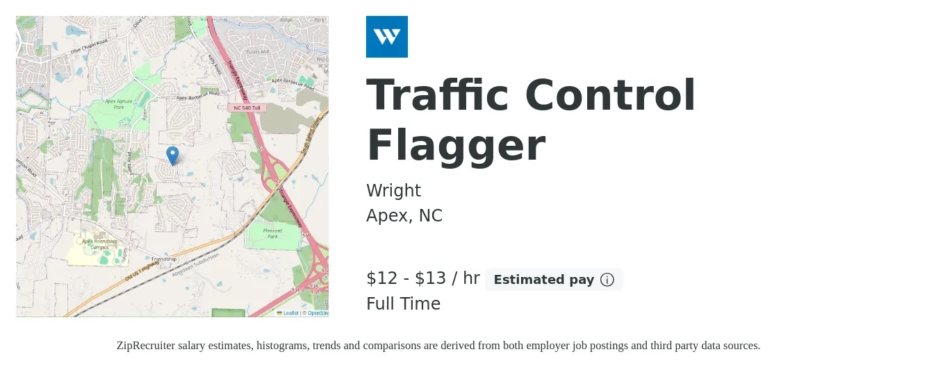 Wright job posting for a Traffic Control Flagger in Apex, NC with a salary of $14 to $14 Hourly with a map of Apex location.