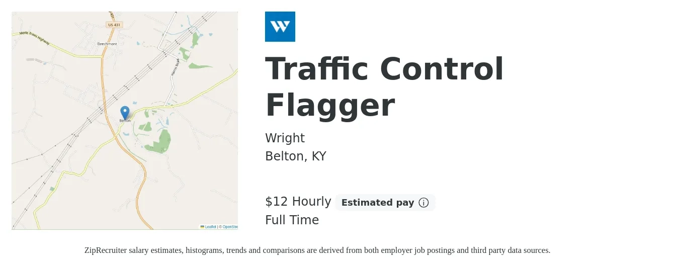 Wright job posting for a Traffic Control Flagger in Belton, KY with a salary of $13 Hourly with a map of Belton location.