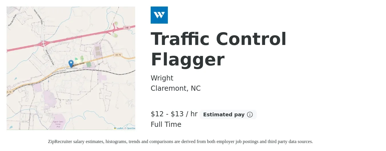 Wright job posting for a Traffic Control Flagger in Claremont, NC with a salary of $14 to $14 Hourly with a map of Claremont location.