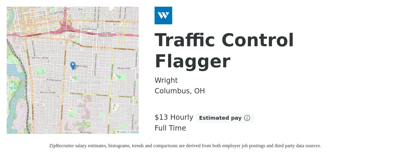 Wright job posting for a Traffic Control Flagger in Columbus, OH with a salary of $14 Hourly with a map of Columbus location.