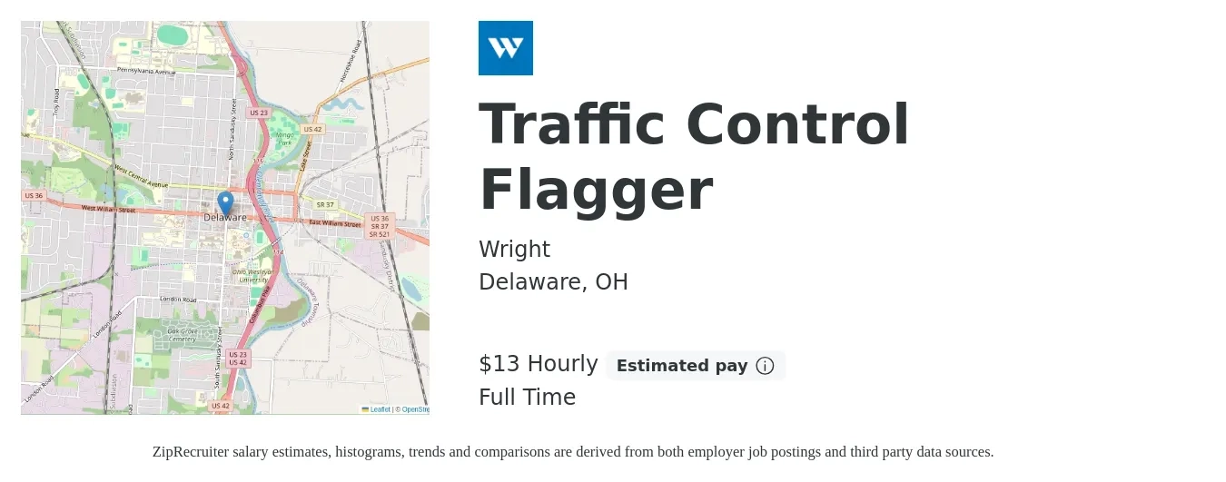 Wright job posting for a Traffic Control Flagger in Delaware, OH with a salary of $14 Hourly with a map of Delaware location.