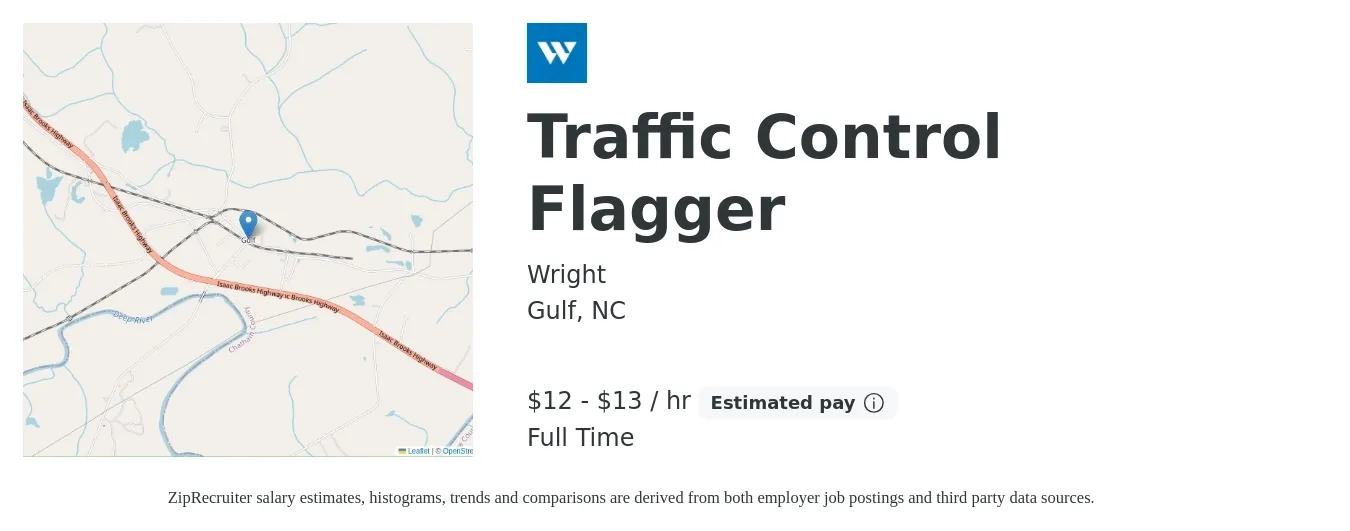 Wright job posting for a Traffic Control Flagger in Gulf, NC with a salary of $14 to $14 Hourly with a map of Gulf location.