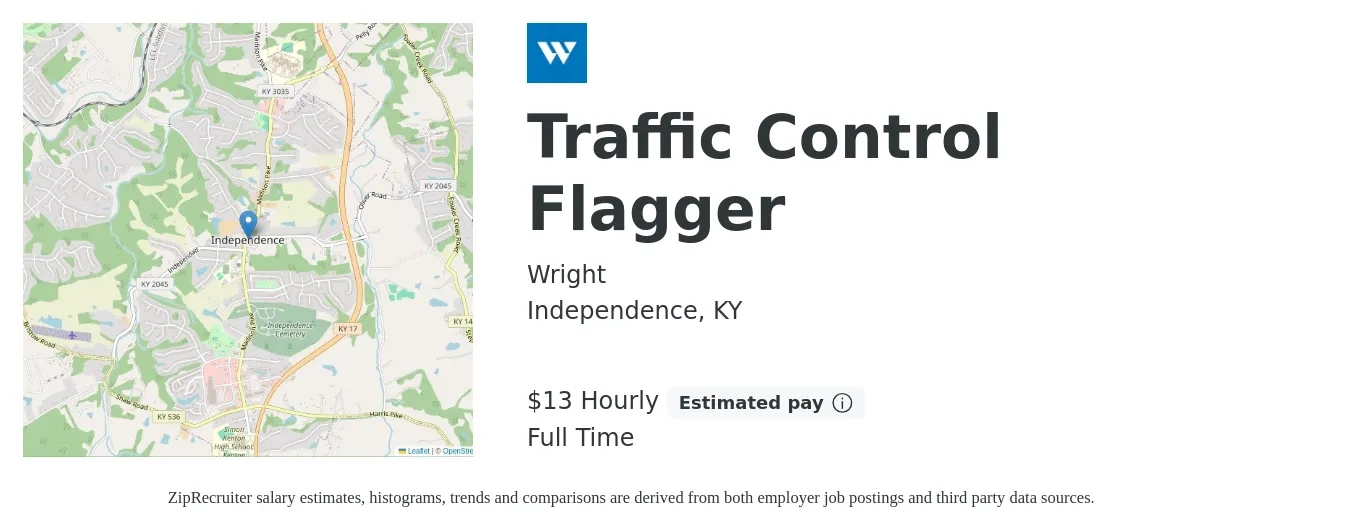 Wright job posting for a Traffic Control Flagger in Independence, KY with a salary of $14 Hourly with a map of Independence location.