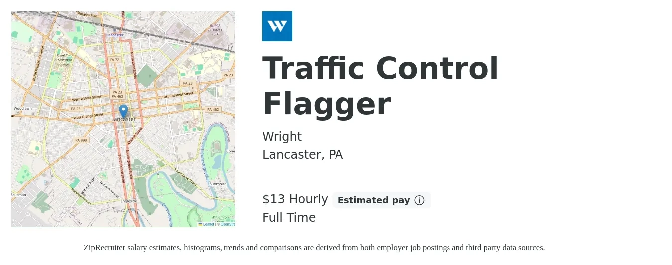 Wright job posting for a Traffic Control Flagger in Lancaster, PA with a salary of $14 Hourly with a map of Lancaster location.