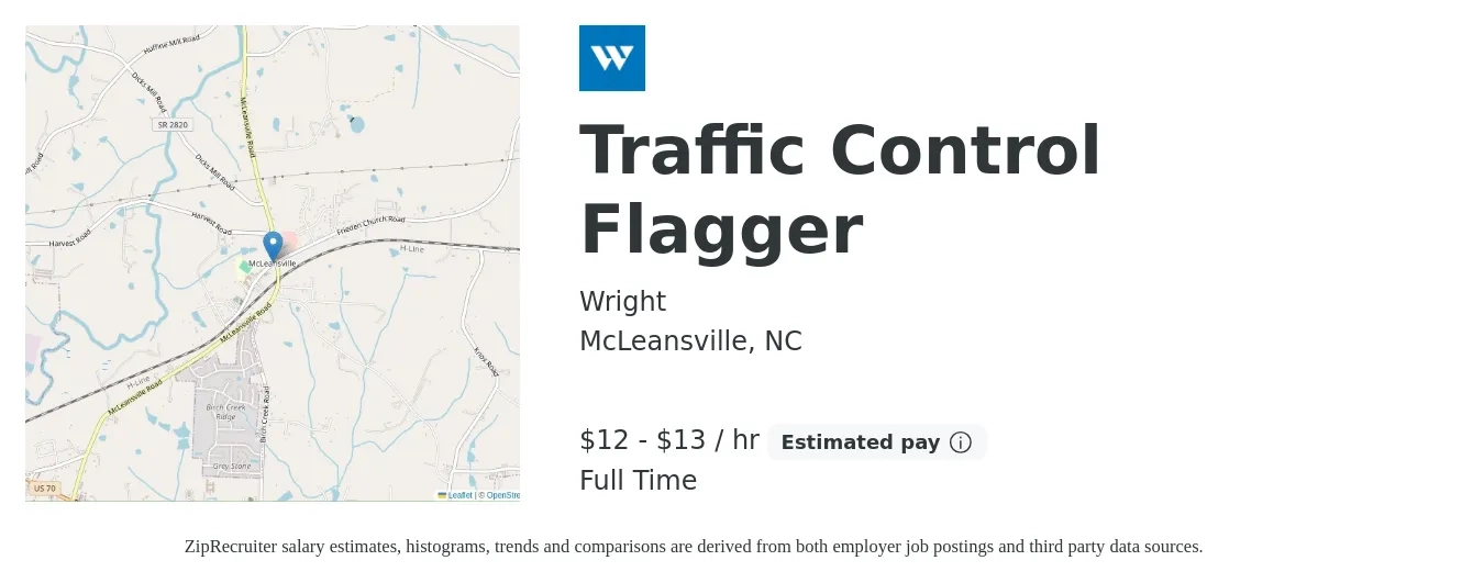 Wright job posting for a Traffic Control Flagger in McLeansville, NC with a salary of $14 to $14 Hourly with a map of McLeansville location.