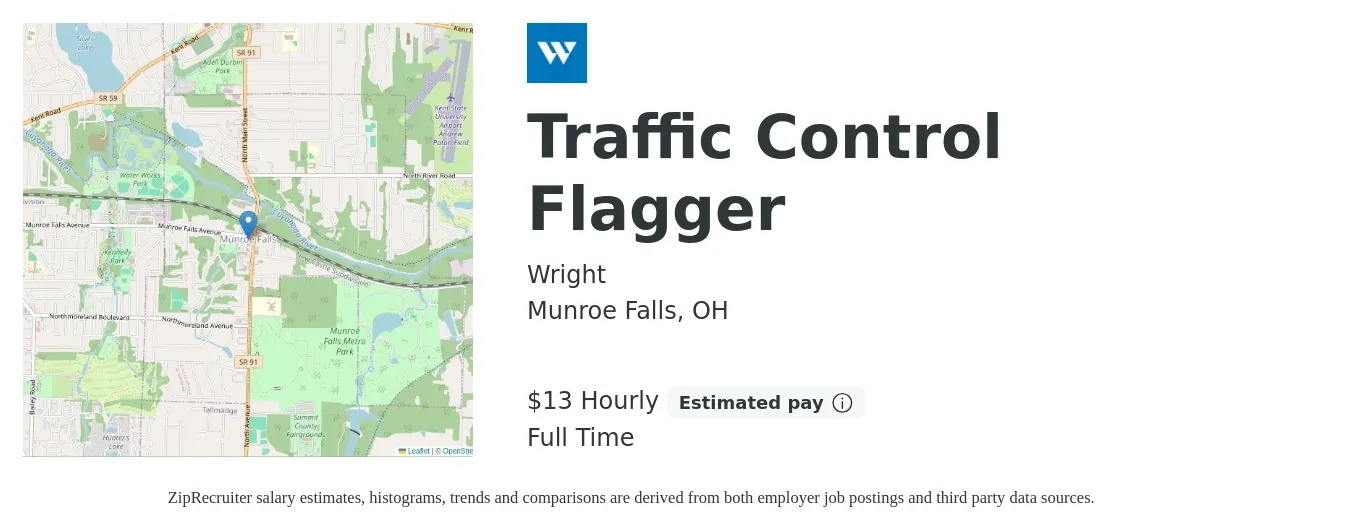 Wright job posting for a Traffic Control Flagger in Munroe Falls, OH with a salary of $14 Hourly with a map of Munroe Falls location.