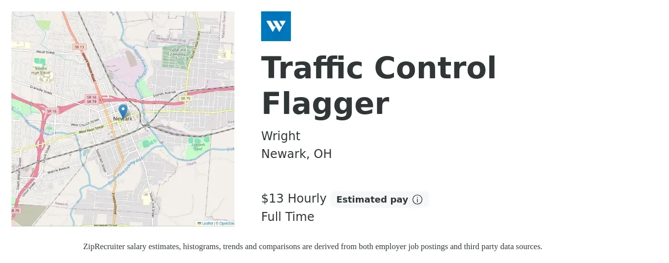 Wright job posting for a Traffic Control Flagger in Newark, OH with a salary of $14 Hourly with a map of Newark location.