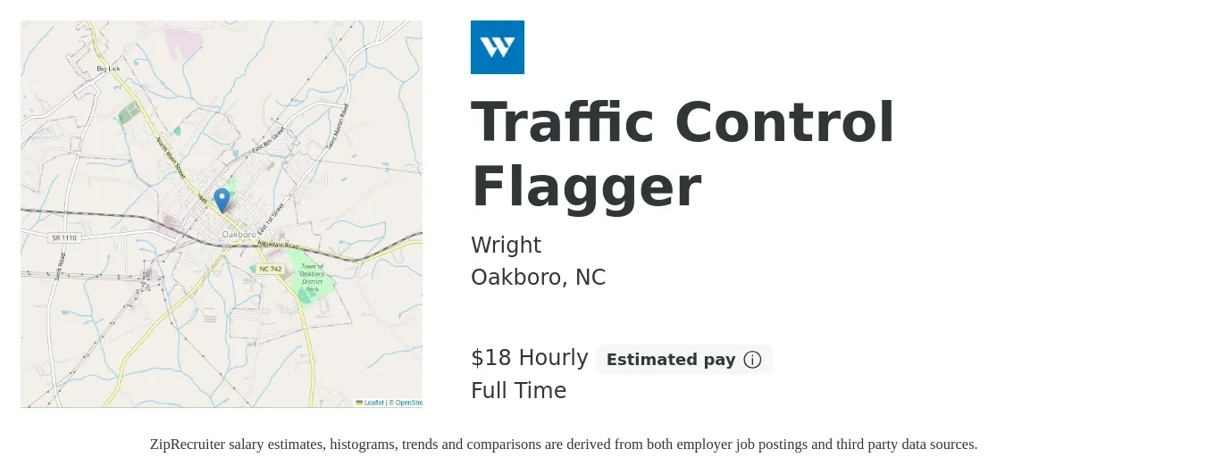 Wright job posting for a Traffic Control Flagger in Oakboro, NC with a salary of $40,000 Yearly with a map of Oakboro location.