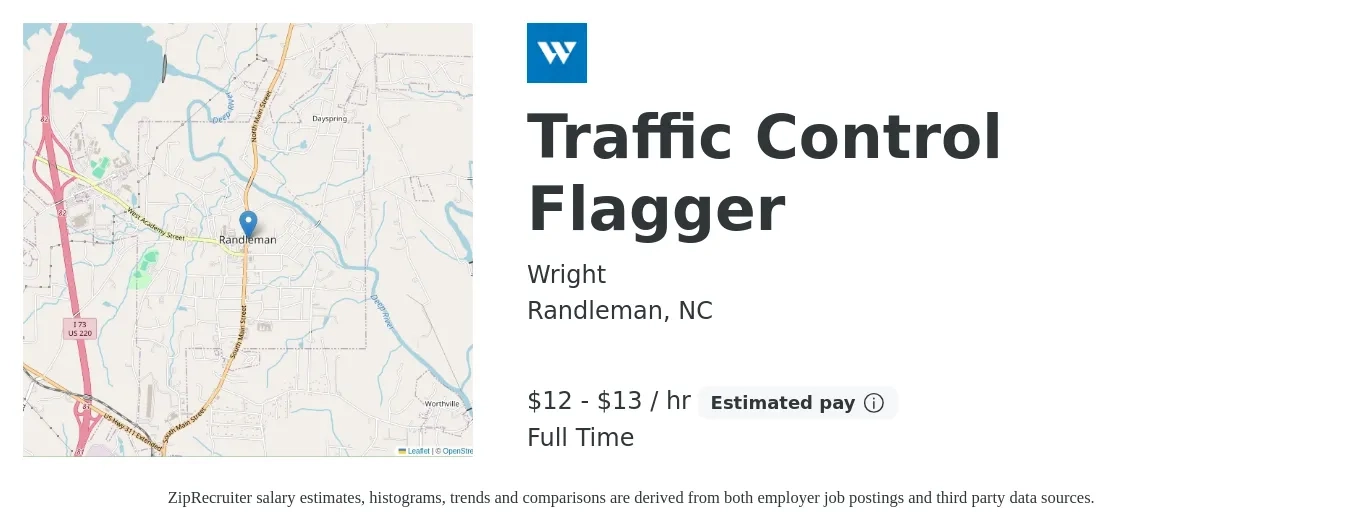 Wright job posting for a Traffic Control Flagger in Randleman, NC with a salary of $14 to $14 Hourly with a map of Randleman location.