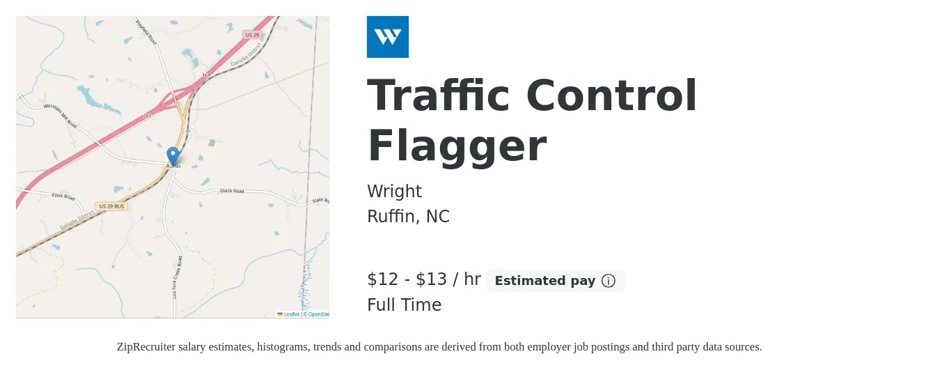 Wright job posting for a Traffic Control Flagger in Ruffin, NC with a salary of $14 to $14 Hourly with a map of Ruffin location.