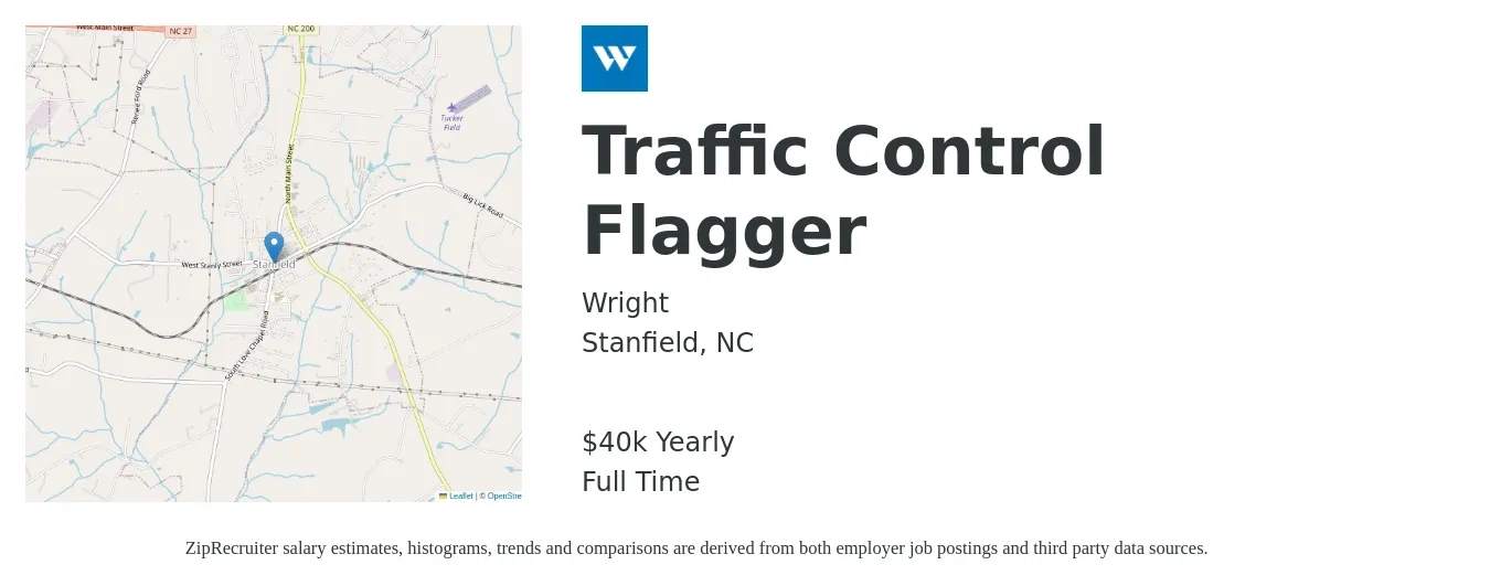 Wright job posting for a Traffic Control Flagger in Stanfield, NC with a salary of $40,000 Yearly with a map of Stanfield location.