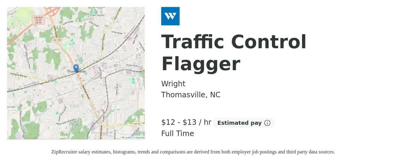 Wright job posting for a Traffic Control Flagger in Thomasville, NC with a salary of $14 to $14 Hourly with a map of Thomasville location.