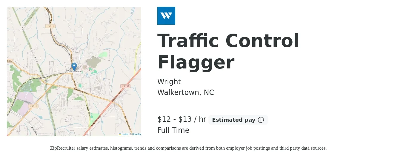 Wright job posting for a Traffic Control Flagger in Walkertown, NC with a salary of $14 to $14 Hourly with a map of Walkertown location.