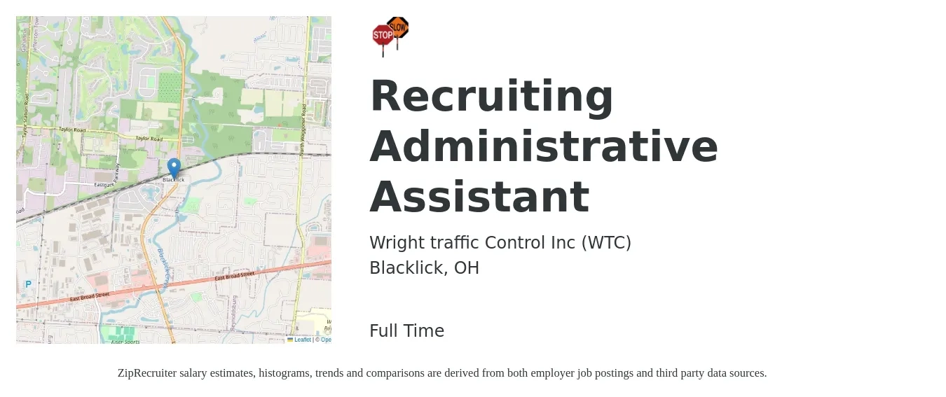 Wright traffic Control Inc (WTC) job posting for a Recruiting Administrative Assistant in Blacklick, OH with a salary of $18 to $24 Hourly with a map of Blacklick location.