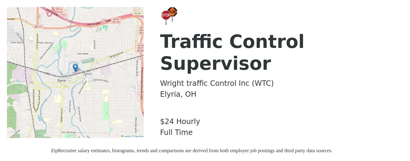 Wright traffic Control Inc (WTC) job posting for a Traffic Control Supervisor in Elyria, OH with a salary of $25 Hourly with a map of Elyria location.