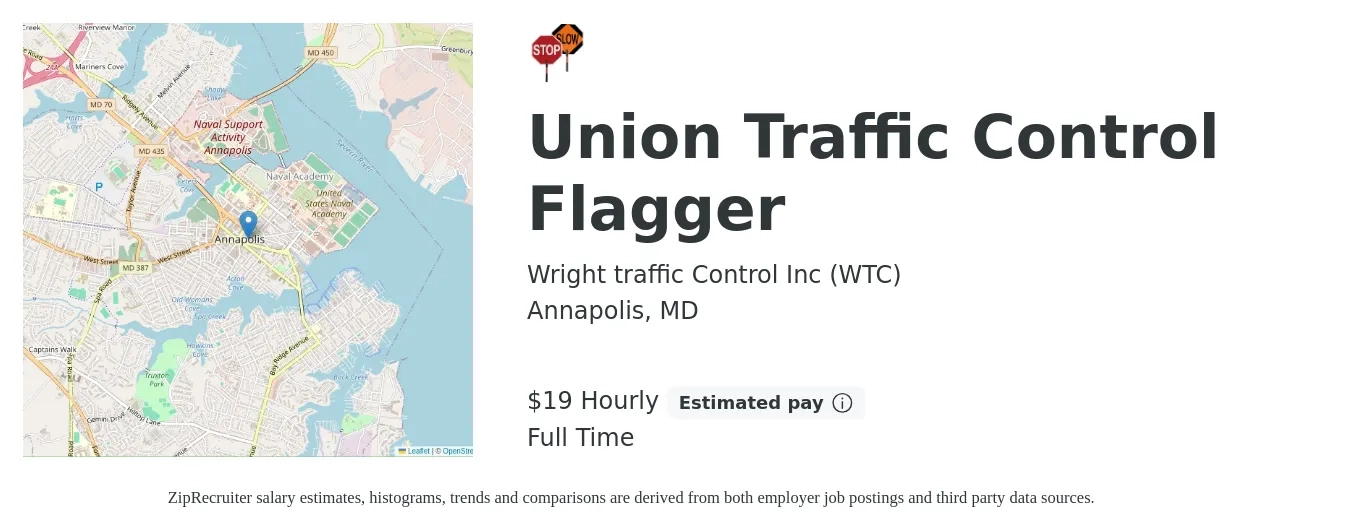 Wright traffic Control Inc (WTC) job posting for a Union Traffic Control Flagger in Annapolis, MD with a salary of $20 Hourly with a map of Annapolis location.