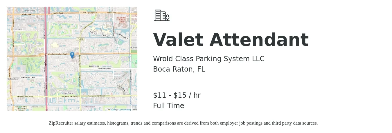 Wrold Class Parking System LLC job posting for a Valet Attendant in Boca Raton, FL with a salary of $12 to $16 Hourly with a map of Boca Raton location.