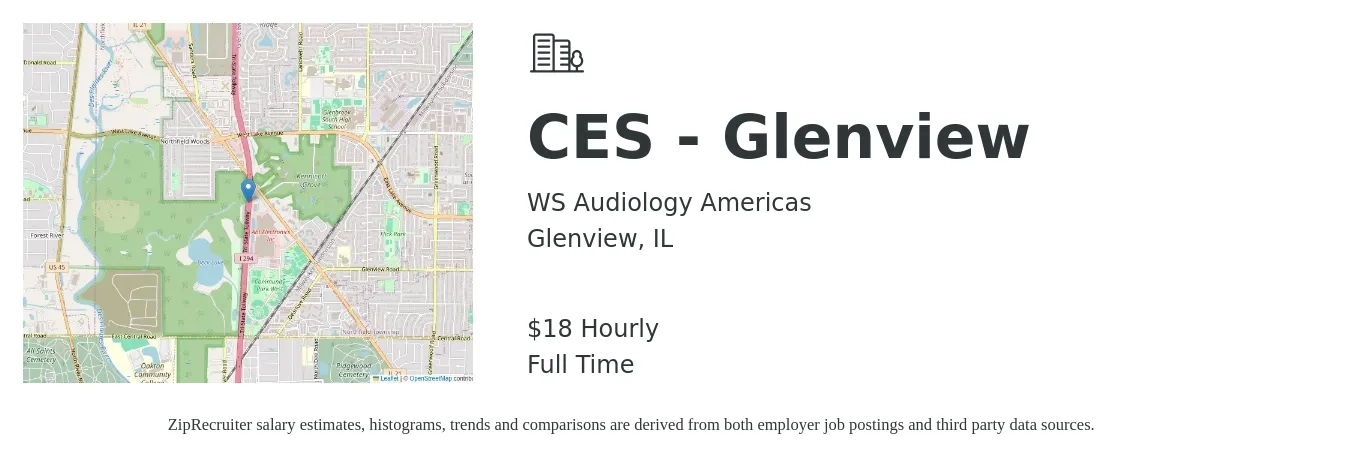WS Audiology Americas job posting for a CES - Glenview in Glenview, IL with a salary of $19 Hourly with a map of Glenview location.