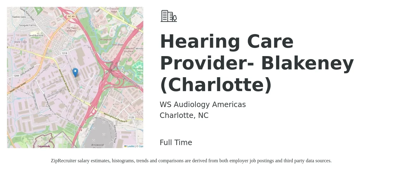 WS Audiology Americas job posting for a Hearing Care Provider- Blakeney (Charlotte) in Charlotte, NC with a salary of $31,300 to $64,500 Yearly with a map of Charlotte location.