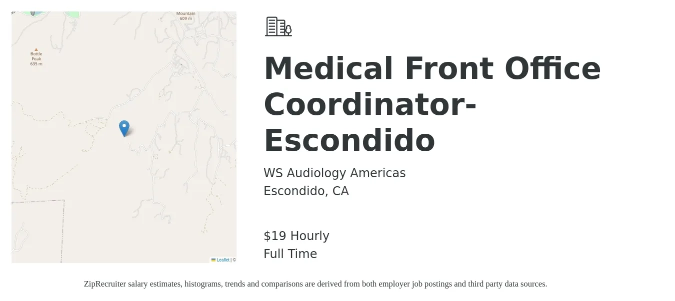 WS Audiology Americas job posting for a Medical Front Office Coordinator-Escondido in Escondido, CA with a salary of $20 Hourly with a map of Escondido location.
