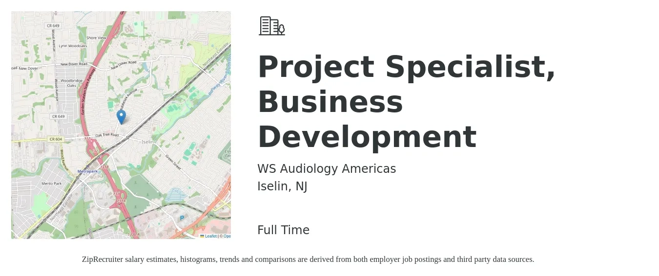 WS Audiology Americas job posting for a Project Specialist, Business Development in Iselin, NJ with a salary of $47,700 to $79,700 Yearly with a map of Iselin location.