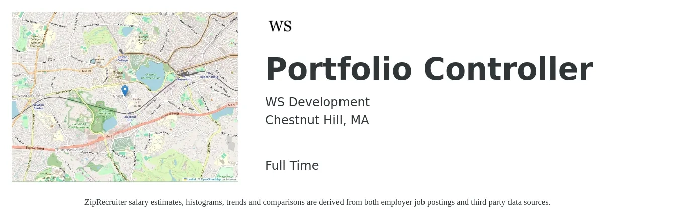 WS Development job posting for a Portfolio Controller in Chestnut Hill, MA with a salary of $105,800 to $151,100 Yearly with a map of Chestnut Hill location.