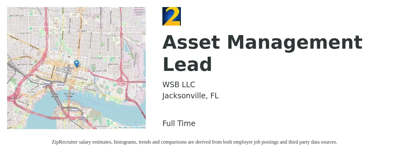 WSB LLC job posting for a Asset Management Lead in Jacksonville, FL with a salary of $40,300 to $180,800 Yearly with a map of Jacksonville location.
