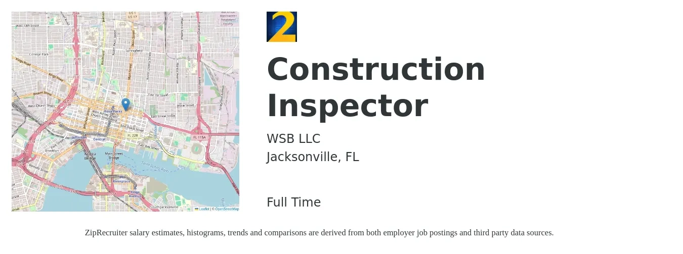 WSB LLC job posting for a Construction Inspector in Jacksonville, FL with a salary of $45,900 to $72,300 Yearly with a map of Jacksonville location.
