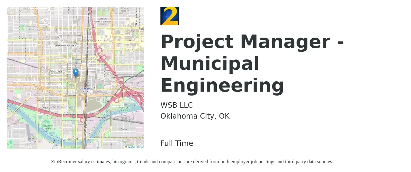 WSB LLC job posting for a Project Manager - Municipal Engineering in Oklahoma City, OK with a salary of $84,000 to $121,100 Yearly with a map of Oklahoma City location.